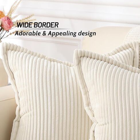 Mecatny Corduroy Pillow Covers 18x18 Inch Set of 2 - Striped Throw Pillow Covers with Wide Border for Living Room, Bed - Soft Square Decorative Pillow Covers for Couch - Cream White in Saudi Arabia