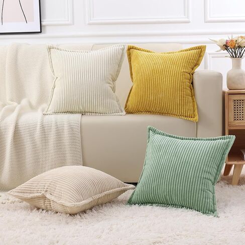 Mecatny Corduroy Pillow Covers 18x18 Inch Set of 2 - Striped Throw Pillow Covers with Wide Border for Living Room, Bed - Soft Square Decorative Pillow Covers for Couch - Cream White in Saudi Arabia