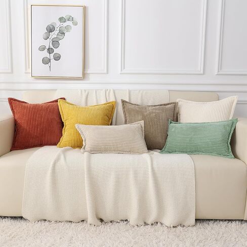 Mecatny Corduroy Pillow Covers 18x18 Inch Set of 2 - Striped Throw Pillow Covers with Wide Border for Living Room, Bed - Soft Square Decorative Pillow Covers for Couch - Cream White in Saudi Arabia