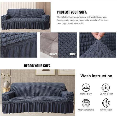 غطاء أريكة من Neween غطاء أريكة رمادي قطعة واحدة غطاء أريكة أريكة سهل التركيب غطاء عالمي عالي التمدد متين لحماية الأثاث مع تنورة طراز ريفي عتيق (3 مقاعد، رمادي) in Kuwait