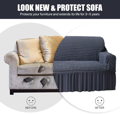 غطاء أريكة من Neween غطاء أريكة رمادي قطعة واحدة غطاء أريكة أريكة سهل التركيب غطاء عالمي عالي التمدد متين لحماية الأثاث مع تنورة طراز ريفي عتيق (3 مقاعد، رمادي) in Kuwait