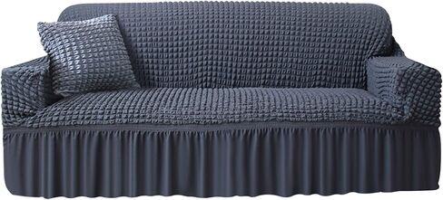 غطاء أريكة من Neween غطاء أريكة رمادي قطعة واحدة غطاء أريكة أريكة سهل التركيب غطاء عالمي عالي التمدد متين لحماية الأثاث مع تنورة طراز ريفي عتيق (3 مقاعد، رمادي) in Kuwait