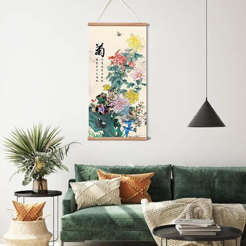 Plum Bossom Chrysanthemum Bamboo Orchid Painting ,Wall Art for Living Room Bedroom,Chinese Traditional Meticulous Painting,Posters and Printing,Fixed Wooden Hanging Scroll (All 4 pieces, 16"x32") in Saudi Arabia