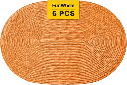 مجموعة مفارش بيضاوية مضفرة من FunWheat مكونة من 6 مفارش طاولة لطاولات الطعام منسوجة وقابلة للغسل وغير قابلة للانزلاق ومفارش طاولة مقاس 12 × 18 بوصة للاستخدام الداخلي والخارجي (برتقالي بيضاوي، 6 قطع) in Kuwait