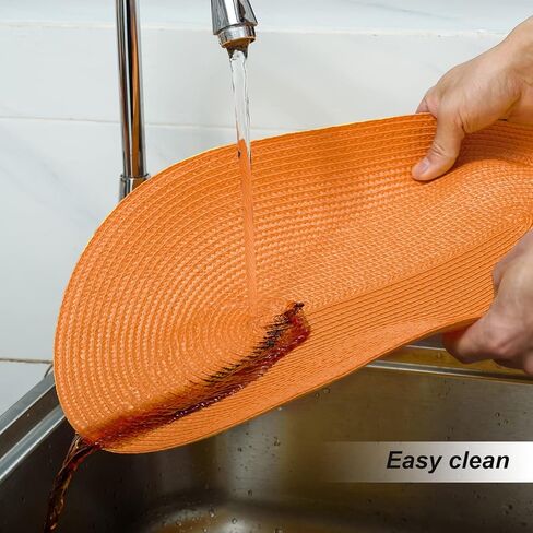 مجموعة مفارش بيضاوية مضفرة من FunWheat مكونة من 6 مفارش طاولة لطاولات الطعام منسوجة وقابلة للغسل وغير قابلة للانزلاق ومفارش طاولة مقاس 12 × 18 بوصة للاستخدام الداخلي والخارجي (برتقالي بيضاوي، 6 قطع) in Kuwait