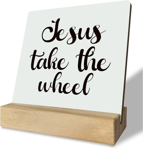 ديكور مسيحي، لوحة مكتب مع حامل خشبي مقاس 10.16 × 4.3 بوصة، لافتة خشبية ملهمة، فن ديكور الطاولة، ديكور ديني للمزرعة المنزلية، عمل فني مسيحي، علامة يسوع تأخذ العجلة in Kuwait