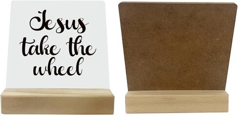 ديكور مسيحي، لوحة مكتب مع حامل خشبي مقاس 10.16 × 4.3 بوصة، لافتة خشبية ملهمة، فن ديكور الطاولة، ديكور ديني للمزرعة المنزلية، عمل فني مسيحي، علامة يسوع تأخذ العجلة in Kuwait