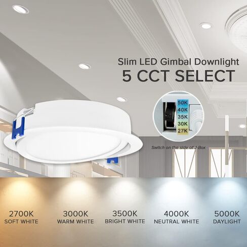 Maxxima 6 in. 5 CCT Ultra-Thin Recessed LED Gimbal Downlight - 1,000 Lumens, Color Selectable 2700K-5000K (2700K/3000K/3500K/4000K/5000K), Dimmable, Canless, Slim IC Rated, Junction Box Included in Saudi Arabia