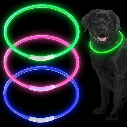3 قطع من طوق الكلاب المضيئة باضاءة LED قابلة لاعادة الشحن عبر منفذ USB ومقاومة للماء وقابلة للقطع، طوق امان للحيوانات الاليفة، لون زهري واخضر وازرق (نمط كلاسيكي) in Kuwait