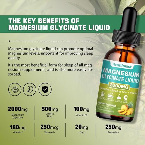 2 Pack 2000MG Magnesium Glycinate Liquid Drops Supplement with Cellulose Fiber, Bromelain, Vitamin B6, C, D, Zinc, Magnesium Liquid Drops for Kids and Adults, Energy, Sleep, Clam. Pineapple Flavor in Saudi Arabia