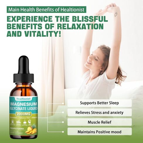 2 Pack 2000MG Magnesium Glycinate Liquid Drops Supplement with Cellulose Fiber, Bromelain, Vitamin B6, C, D, Zinc, Magnesium Liquid Drops for Kids and Adults, Energy, Sleep, Clam. Pineapple Flavor in Saudi Arabia