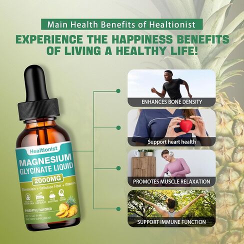 2 Pack 2000MG Magnesium Glycinate Liquid Drops Supplement with Cellulose Fiber, Bromelain, Vitamin B6, C, D, Zinc, Magnesium Liquid Drops for Kids and Adults, Energy, Sleep, Clam. Pineapple Flavor in Saudi Arabia