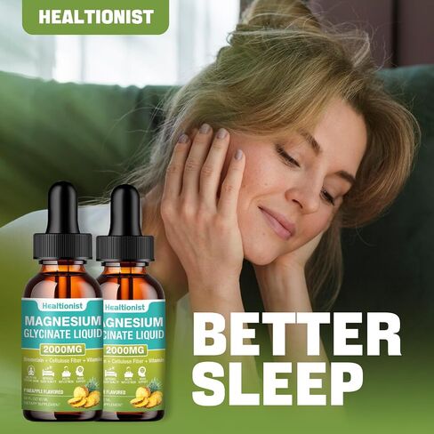 2 Pack 2000MG Magnesium Glycinate Liquid Drops Supplement with Cellulose Fiber, Bromelain, Vitamin B6, C, D, Zinc, Magnesium Liquid Drops for Kids and Adults, Energy, Sleep, Clam. Pineapple Flavor in Saudi Arabia