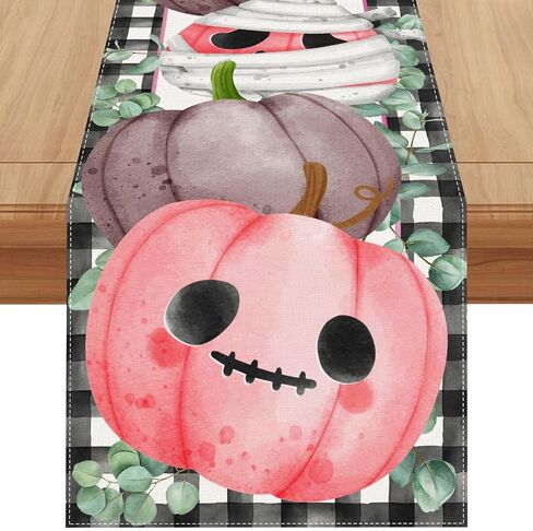 Linen Cute Pink Pumpkin Halloween Table Runner 72 Inches Long Pink Halloween Decor Black and White Buffalo Check Plaid Halloween Decorations and Supplies for Home in Saudi Arabia