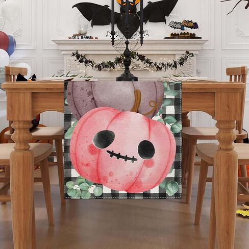 Linen Cute Pink Pumpkin Halloween Table Runner 72 Inches Long Pink Halloween Decor Black and White Buffalo Check Plaid Halloween Decorations and Supplies for Home in Saudi Arabia