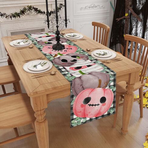 Linen Cute Pink Pumpkin Halloween Table Runner 72 Inches Long Pink Halloween Decor Black and White Buffalo Check Plaid Halloween Decorations and Supplies for Home in Saudi Arabia