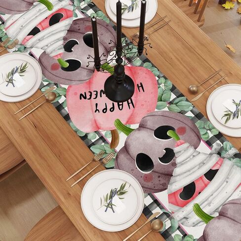 Linen Cute Pink Pumpkin Halloween Table Runner 72 Inches Long Pink Halloween Decor Black and White Buffalo Check Plaid Halloween Decorations and Supplies for Home in Saudi Arabia