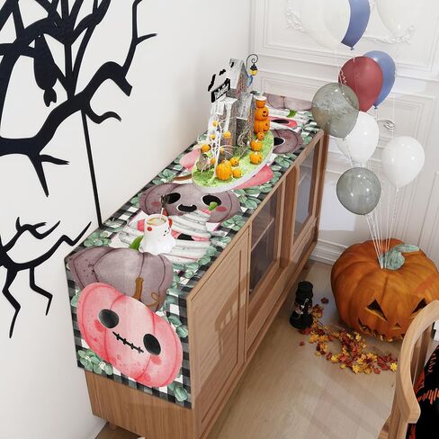 Linen Cute Pink Pumpkin Halloween Table Runner 72 Inches Long Pink Halloween Decor Black and White Buffalo Check Plaid Halloween Decorations and Supplies for Home in Saudi Arabia