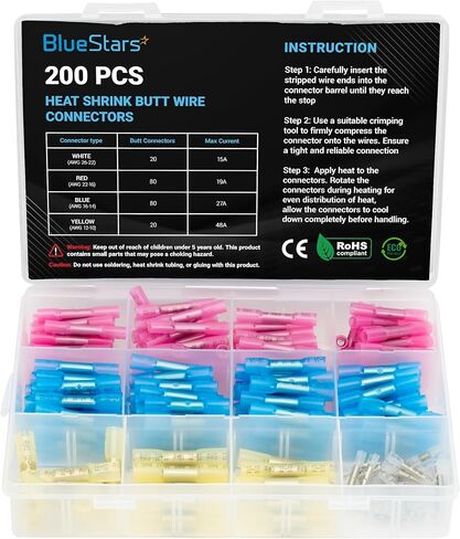 BlueStars 200 PCS Blue AWG (16-14) Heat Shrink Butt Wire Connectors, Marine Grade Waterproof Electrical Connector, Tinned Copper Terminal Insulated Electrical Crimp Connectors for Boat, Cable Wiring in Saudi Arabia