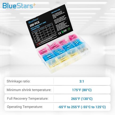 BlueStars 200 PCS Blue AWG (16-14) Heat Shrink Butt Wire Connectors, Marine Grade Waterproof Electrical Connector, Tinned Copper Terminal Insulated Electrical Crimp Connectors for Boat, Cable Wiring in Saudi Arabia
