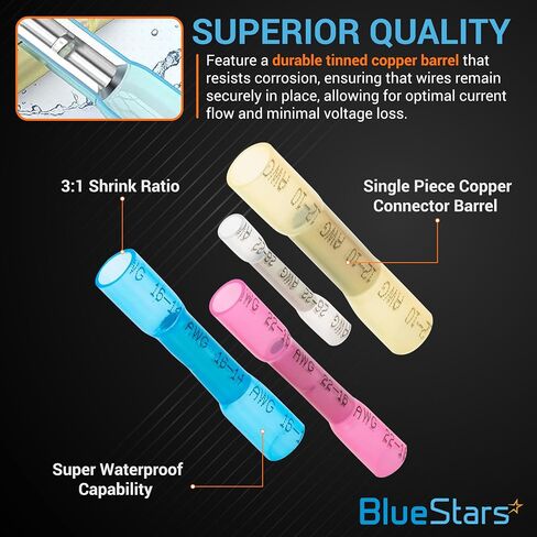 BlueStars 200 PCS Blue AWG (16-14) Heat Shrink Butt Wire Connectors, Marine Grade Waterproof Electrical Connector, Tinned Copper Terminal Insulated Electrical Crimp Connectors for Boat, Cable Wiring in Saudi Arabia