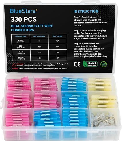BlueStars 200 PCS Blue AWG (16-14) Heat Shrink Butt Wire Connectors, Marine Grade Waterproof Electrical Connector, Tinned Copper Terminal Insulated Electrical Crimp Connectors for Boat, Cable Wiring in Saudi Arabia