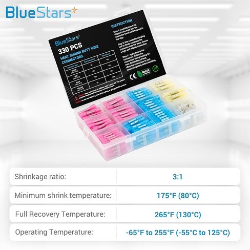 BlueStars 200 PCS Blue AWG (16-14) Heat Shrink Butt Wire Connectors, Marine Grade Waterproof Electrical Connector, Tinned Copper Terminal Insulated Electrical Crimp Connectors for Boat, Cable Wiring in Saudi Arabia