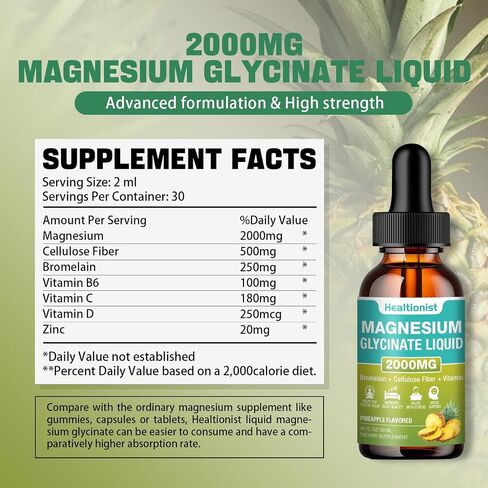 2 Pack 2000MG Magnesium Glycinate Liquid Drops Supplement with Cellulose Fiber, Bromelain, Vitamin B6, C, D, Zinc, Magnesium Liquid Drops for Kids and Adults, Energy, Sleep, Clam. Pineapple Flavor in Saudi Arabia