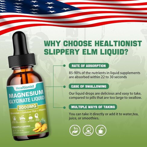 2 Pack 2000MG Magnesium Glycinate Liquid Drops Supplement with Cellulose Fiber, Bromelain, Vitamin B6, C, D, Zinc, Magnesium Liquid Drops for Kids and Adults, Energy, Sleep, Clam. Pineapple Flavor in Saudi Arabia