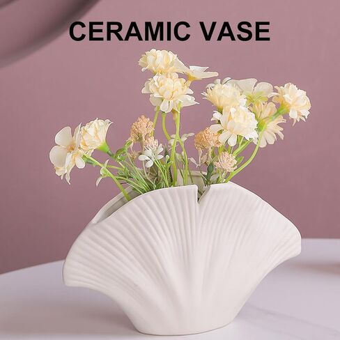 White Seashell Vase, Ceramic Vase for Home Decor Matte Maple Leaf Bud Vase Boho Bookcase Bookshelf Decorative Vase for Pampas Grass Vase for Centerpieces Floor Bouquet Decor in Kuwait