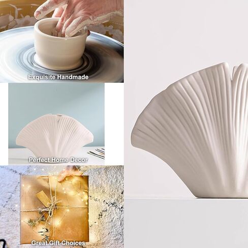 White Seashell Vase, Ceramic Vase for Home Decor Matte Maple Leaf Bud Vase Boho Bookcase Bookshelf Decorative Vase for Pampas Grass Vase for Centerpieces Floor Bouquet Decor in Kuwait