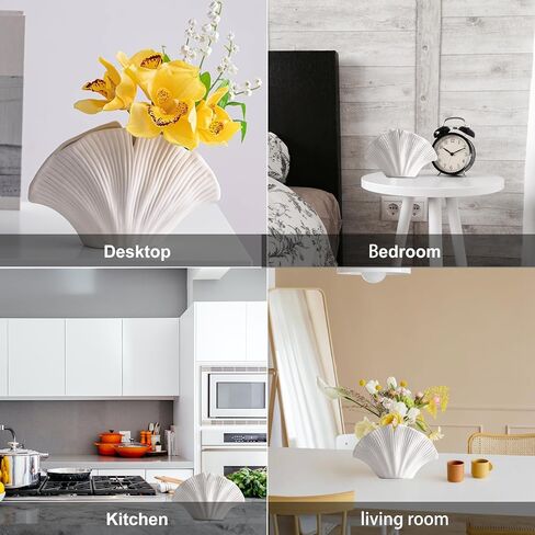 White Seashell Vase, Ceramic Vase for Home Decor Matte Maple Leaf Bud Vase Boho Bookcase Bookshelf Decorative Vase for Pampas Grass Vase for Centerpieces Floor Bouquet Decor in Kuwait