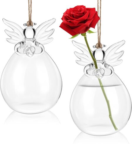 Yardwe Clear Glass Guardian Angel Vases 2pcs Cute Clear Glass Angel Shape Flower Plant Hanging Vase Wedding Decor Greenery Hydroponic Plant Containers Room Ornaments Decorations in Saudi Arabia