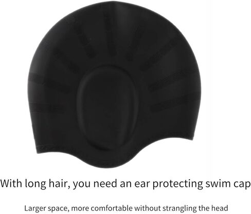 Black Silicone Swim Cap with 3D Ear Protection - Large Size - Waterproof Swim Cap - high-Elasticity Silicone - Professional Waterproof Design - One Size for All in Kuwait