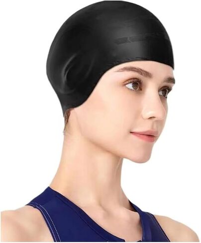 Black Silicone Swim Cap with 3D Ear Protection - Large Size - Waterproof Swim Cap - high-Elasticity Silicone - Professional Waterproof Design - One Size for All in Kuwait