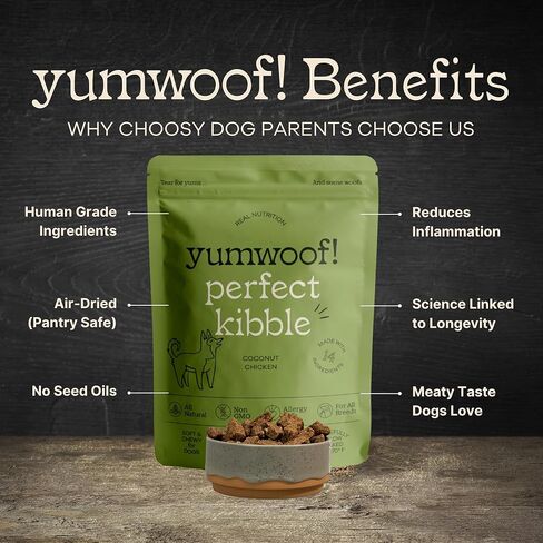 Yumwoof طعام مثالي للكلاب مجفف بالهواء وخالي من الكائنات المعدلة وراثيًا | يحسن الحساسية والهضم باستخدام زيت جوز الهند العضوي والجليسريدات الثلاثية متوسطة الحلقات ومضادات الأكسدة | نظام غذائي ناعم وجاف معتمد من قبل الطبيب البيطري | صنع في الولايات المتحدة in Kuwait