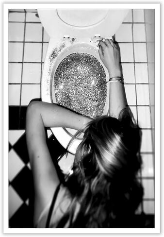 Funny Toilet Poster Trendy Hot Girls Drinking Champagne Art Print (Woman Sleeping in Glitter Prin) Canvas Wall Art Black and White Poster Preppy Posters Print Bar Cart Wall Decor 12x16in Unframed in Saudi Arabia