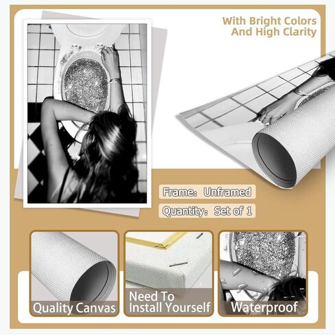 Funny Toilet Poster Trendy Hot Girls Drinking Champagne Art Print (Woman Sleeping in Glitter Prin) Canvas Wall Art Black and White Poster Preppy Posters Print Bar Cart Wall Decor 12x16in Unframed in Saudi Arabia