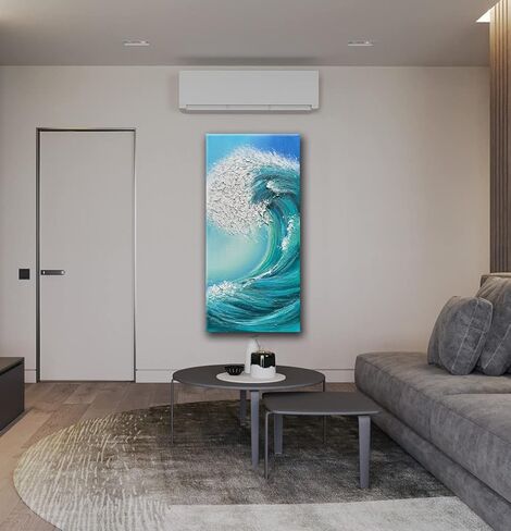 JELRINR 24 × 48 بوصة لوحة زيتية فنية معاصرة مصنوعة يدويًا على نسيج قماش أبيض وأسود فن قماش تجريدي موجة المحيط الشاطئ المناظر الطبيعية عمل فني جدار المنزل آرت ديكو in Kuwait