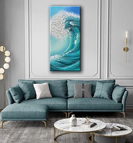 JELRINR 24 × 48 بوصة لوحة زيتية فنية معاصرة مصنوعة يدويًا على نسيج قماش أبيض وأسود فن قماش تجريدي موجة المحيط الشاطئ المناظر الطبيعية عمل فني جدار المنزل آرت ديكو in Kuwait