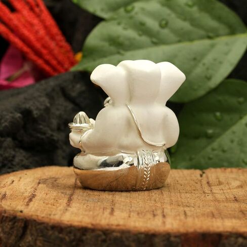 تمثال تيراكوتا أبيض مطلي بالفضة من الطين غانيشا، تمثال الإله غانيش أيدول للوحة قيادة السيارة، تمثال جانباتي مورتي، هدايا ديكور المنزل (الحجم: 6 سم × 4 سم) in Kuwait