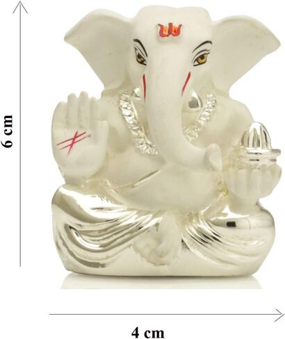 تمثال تيراكوتا أبيض مطلي بالفضة من الطين غانيشا، تمثال الإله غانيش أيدول للوحة قيادة السيارة، تمثال جانباتي مورتي، هدايا ديكور المنزل (الحجم: 6 سم × 4 سم) in Kuwait