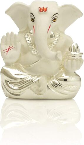 تمثال تيراكوتا أبيض مطلي بالفضة من الطين غانيشا، تمثال الإله غانيش أيدول للوحة قيادة السيارة، تمثال جانباتي مورتي، هدايا ديكور المنزل (الحجم: 6 سم × 4 سم) in Kuwait