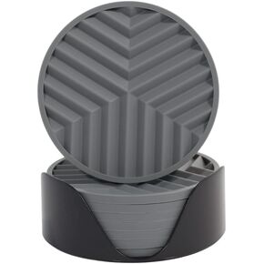 Silicone Coasters Set of 8, with Holder - Non-Slip Drink Coasters - Thickened Cup Mats for Hot & Cold Drinks - Deep Tray Design - Grey