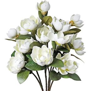LIUCOGXI 4PCS Vintage Artificial Magnolia Flowers 3D Real Touch Faux Magnolia Flower Bouquets Long Stem with Green Leaves for Home Wedding Table Office Floral Arrangement Decoration (White)