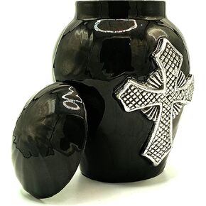 جرار حرق جثث سوداء للرماد للبالغين من الذكور والإناث - جرار زخرفية جميلة وفريدة من نوعها ثلاثية الأبعاد مع حقيبة مخملية - جرة حرق صغيرة من الألومنيوم مقاس 5 بوصات لجنازة الحيوانات الأليفة أو رماد الإنسان جرة صغيرة (أجنحة الملاك) in Kuwait