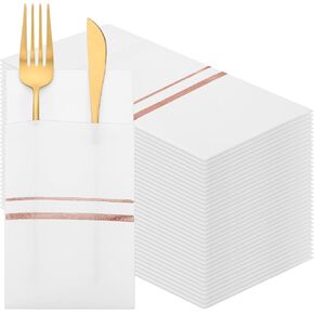 50 Pack Dinner Napkins Disposable Linen Feel Dinner Napkins with Built-in Flatware Pocket Gold Trim Lined Pre Folded Napkins Cloth Like Paper Napkins for Wedding Dinner Party (Black,Gold)