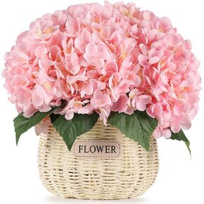 Silk Hydrangea Artificial Flowers, Real Touch Faux Flower with Stems and Leafs, for Room Home Wedding Decor, Pack of 5, Pink
