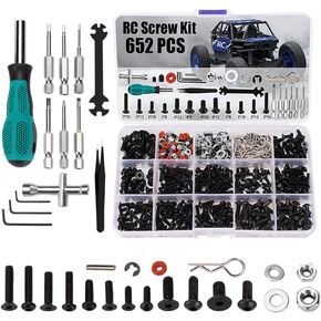 RC Car Stand and 652 PCS RC Screw Kit RC Car Work Stand Repair Workstation RC Hardware Kit Universal RC Car Screw Tools Assortment Kit and Portable RC Repair Stand for 1/8 1/10 1/12 1/16 Scale RC Car