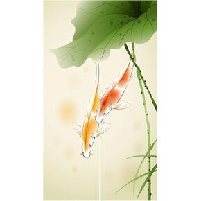 LIGICKY Chinese Style Japanese Noren Doorway Curtain Linen Koi Fish Lotus Leaf Printed Asian Window Treatment Hanging Door Tapestry for Privacy Sushi Kitchen Home Decoration 33.5" Width x 59" Long